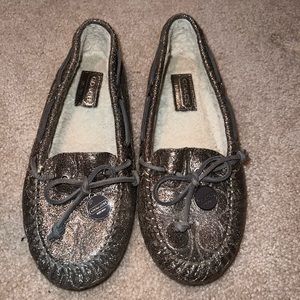 Coach Antonia Metallic Suede Shearling Moccasins